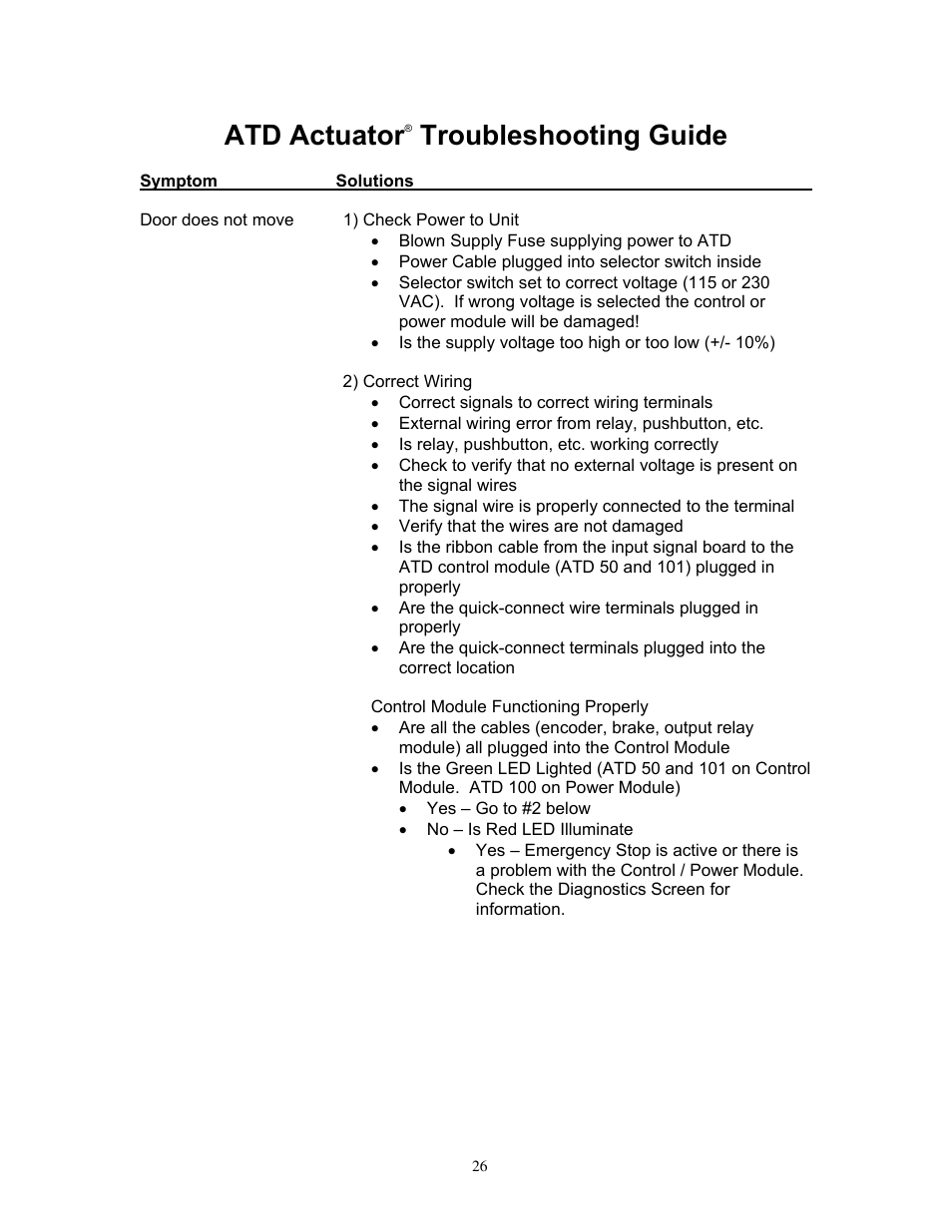 Atd actuator, Troubleshooting guide | MPC ATD ACTUATOR 50 ATD-313186 User Manual | Page 26 / 29
