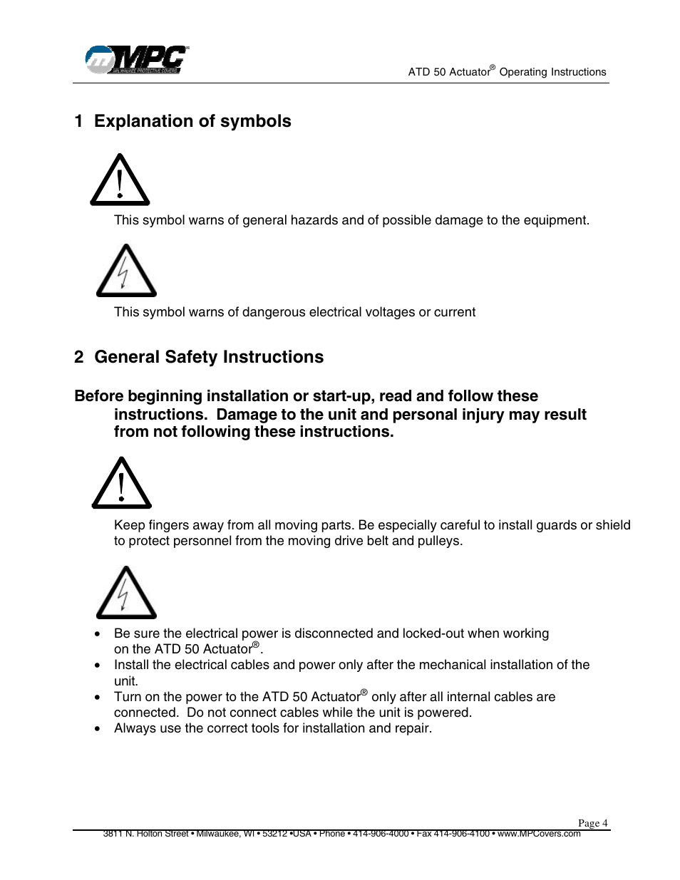 1 explanation of symbols, 2 general safety instructions | MPC ATD ACTUATOR 50 ATD-313186 User Manual | Page 4 / 29
