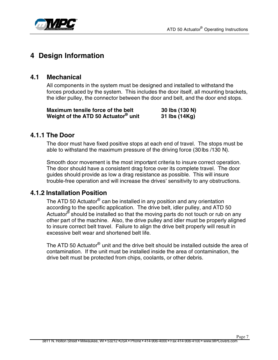4 design information, 1 mechanical, 1 the door | 2 installation position | MPC ATD ACTUATOR 50 ATD-313186 User Manual | Page 7 / 29