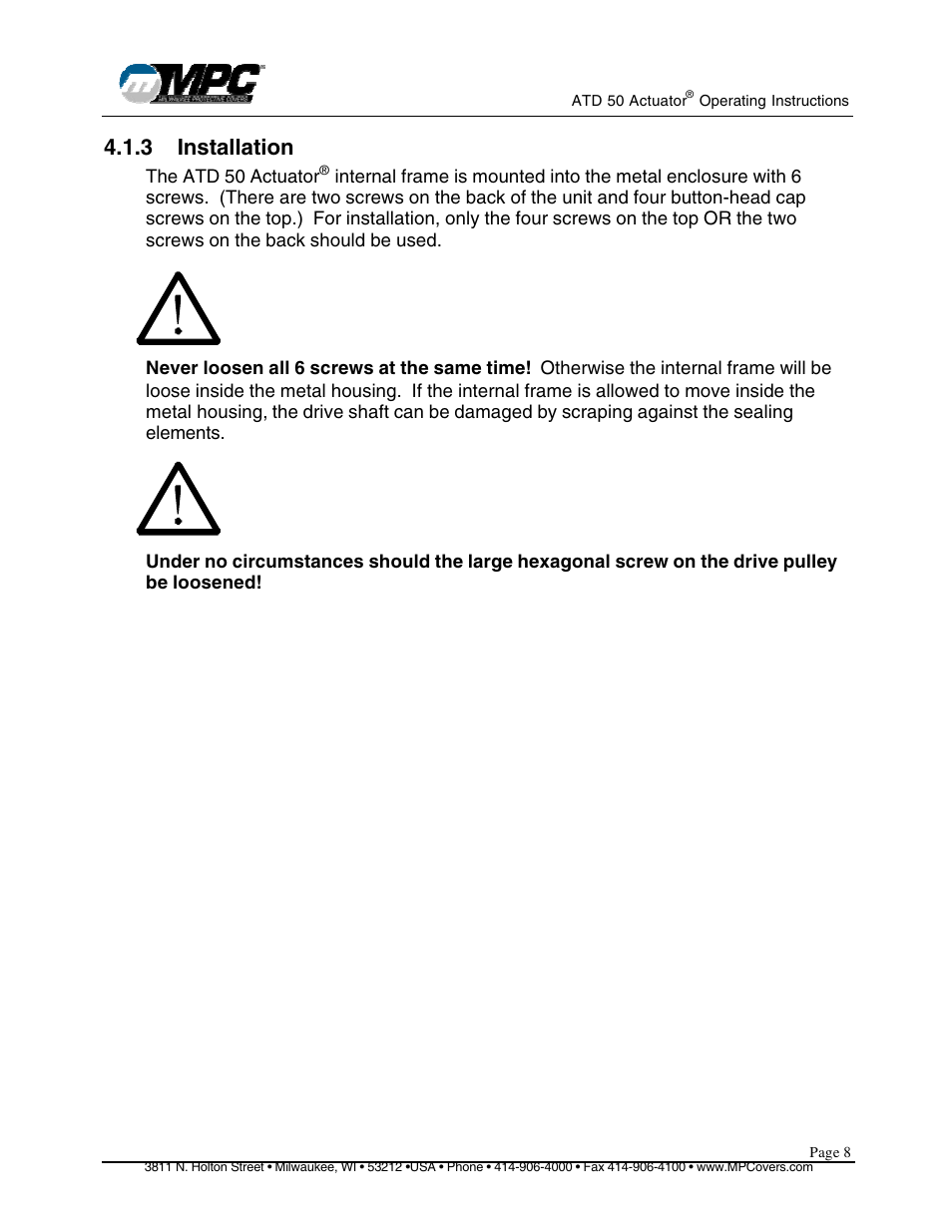 3 installation | MPC ATD ACTUATOR 50 ATD-313186 User Manual | Page 8 / 29