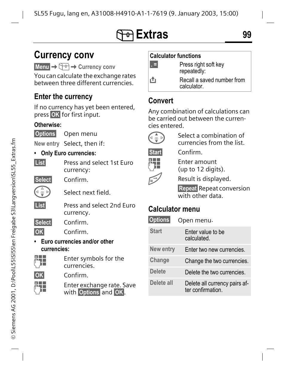 Currency conv, Enter the currency, Convert | Calculator menu, Extras | Siemens SL55 User Manual | Page 100 / 137