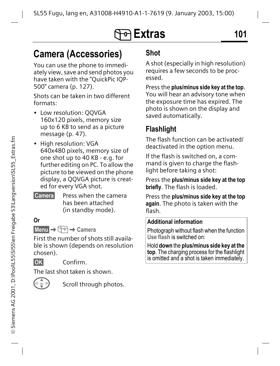 Camera (accessories), Shot, Flashlight | Extras | Siemens SL55 User Manual | Page 102 / 137