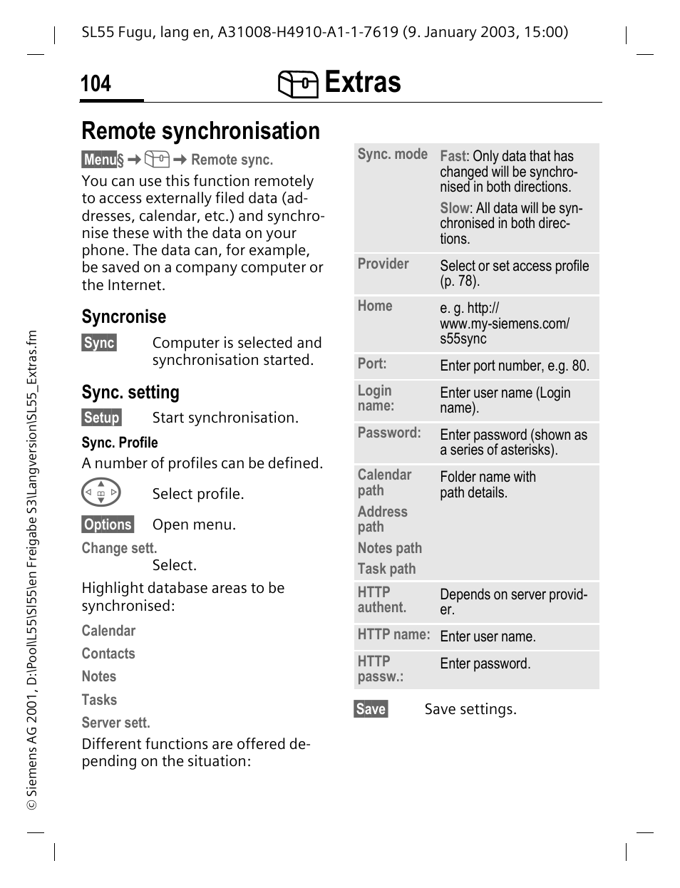 Remote synchronisation, Syncronise, Sync. setting | P. 104), Extras | Siemens SL55 User Manual | Page 105 / 137