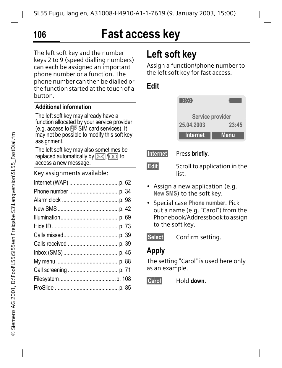 Fast access key, Edit, Apply | Left soft key | Siemens SL55 User Manual | Page 107 / 137