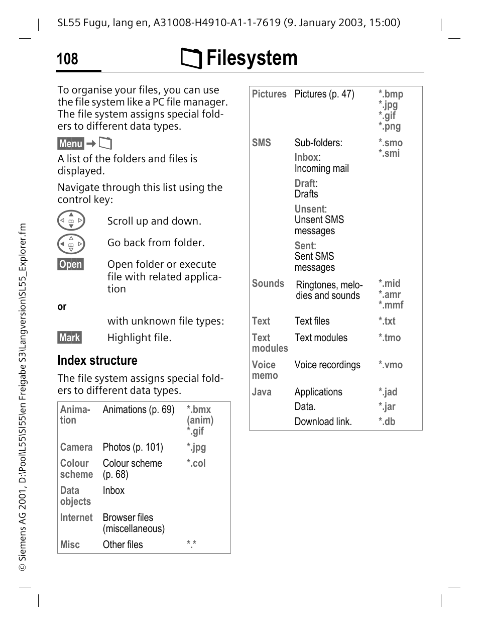 Filesystem, Index structure, See p. 108) | P. 108, P. 108), Ñfilesystem | Siemens SL55 User Manual | Page 109 / 137