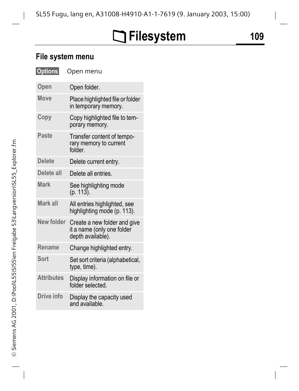 File system menu, Ñfilesystem | Siemens SL55 User Manual | Page 110 / 137