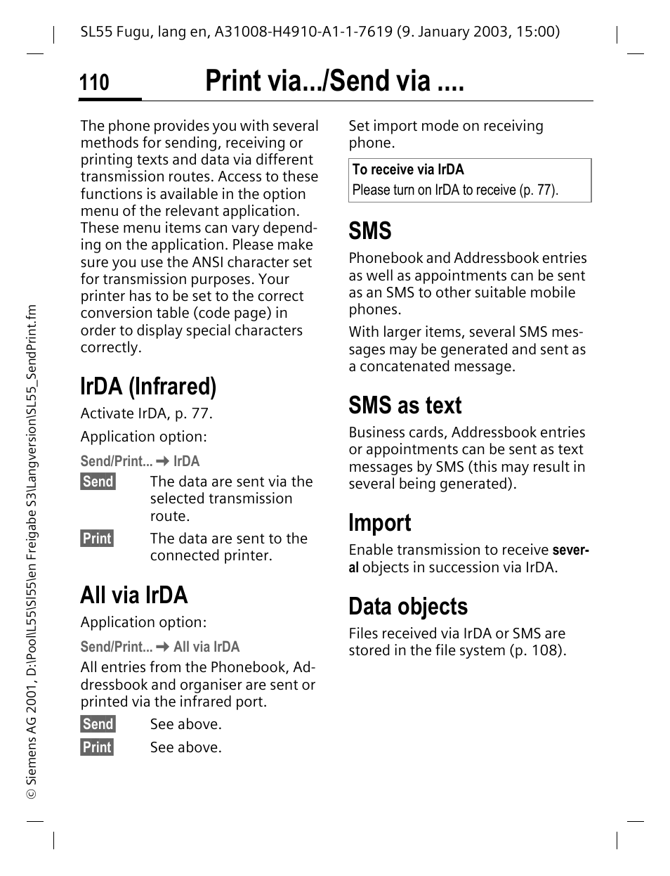 Print via.../ send via, Print via.../send via, P. 110) | Irda (infrared), All via irda, Sms as text, Import, Data objects | Siemens SL55 User Manual | Page 111 / 137