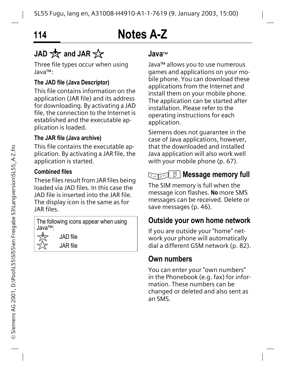 Jad ¶ and jar ß, Java, 13 t message memory full | Outside your own home network, Own numbers, P. 114, Mbers (p. 114), P. 114), And jar | Siemens SL55 User Manual | Page 115 / 137