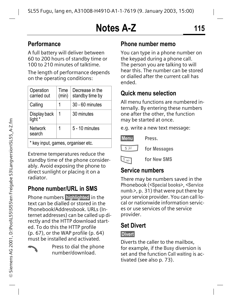 Performance, Phone number/url in sms, Phone number memo | Quick menu selection, Service numbers, Set divert, P. 115, See p. 115), P. 115) | Siemens SL55 User Manual | Page 116 / 137