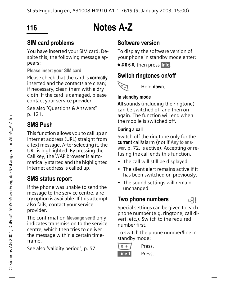 Sim card problems, Sms push, Sms status report | Software version, Switch ringtones on/off, Two phone numbers, P. 116 | Siemens SL55 User Manual | Page 117 / 137