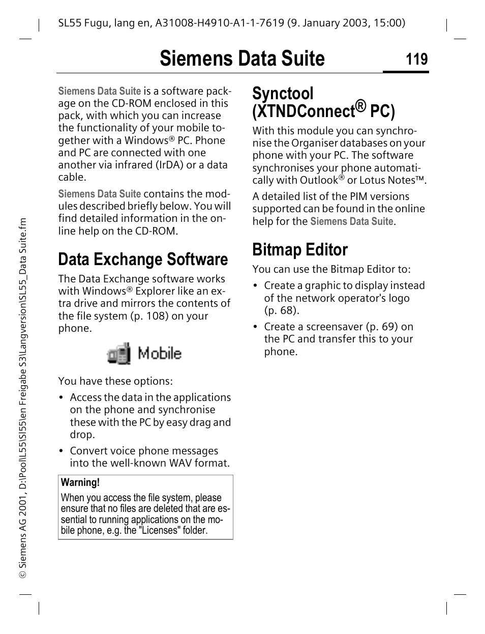 Siemens data suite, Pc (p. 119) you ca, P. 119) y | Data exchange software, Synctool (xtndconnect® pc), Bitmap editor | Siemens SL55 User Manual | Page 120 / 137