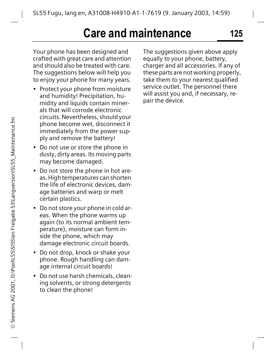 Care and maintenance | Siemens SL55 User Manual | Page 126 / 137