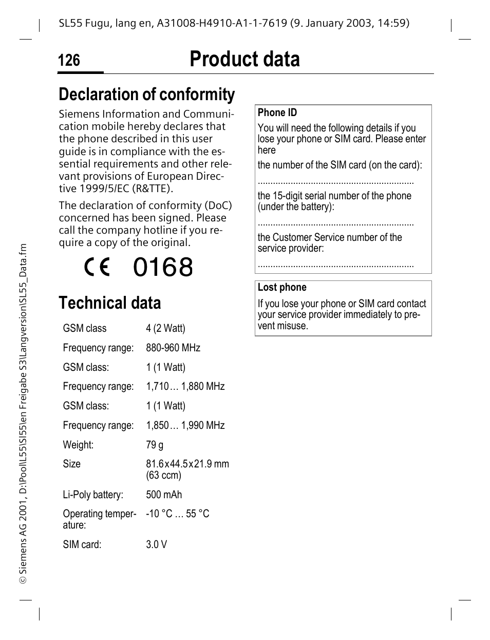 Product data, Declaration of conformity, Technical data | Siemens SL55 User Manual | Page 127 / 137