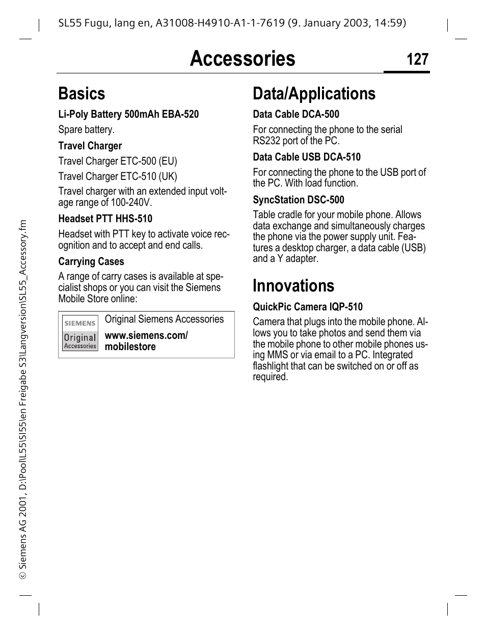 Accessories, P. 127), t, Basics | Data/applications, Innovations | Siemens SL55 User Manual | Page 128 / 137