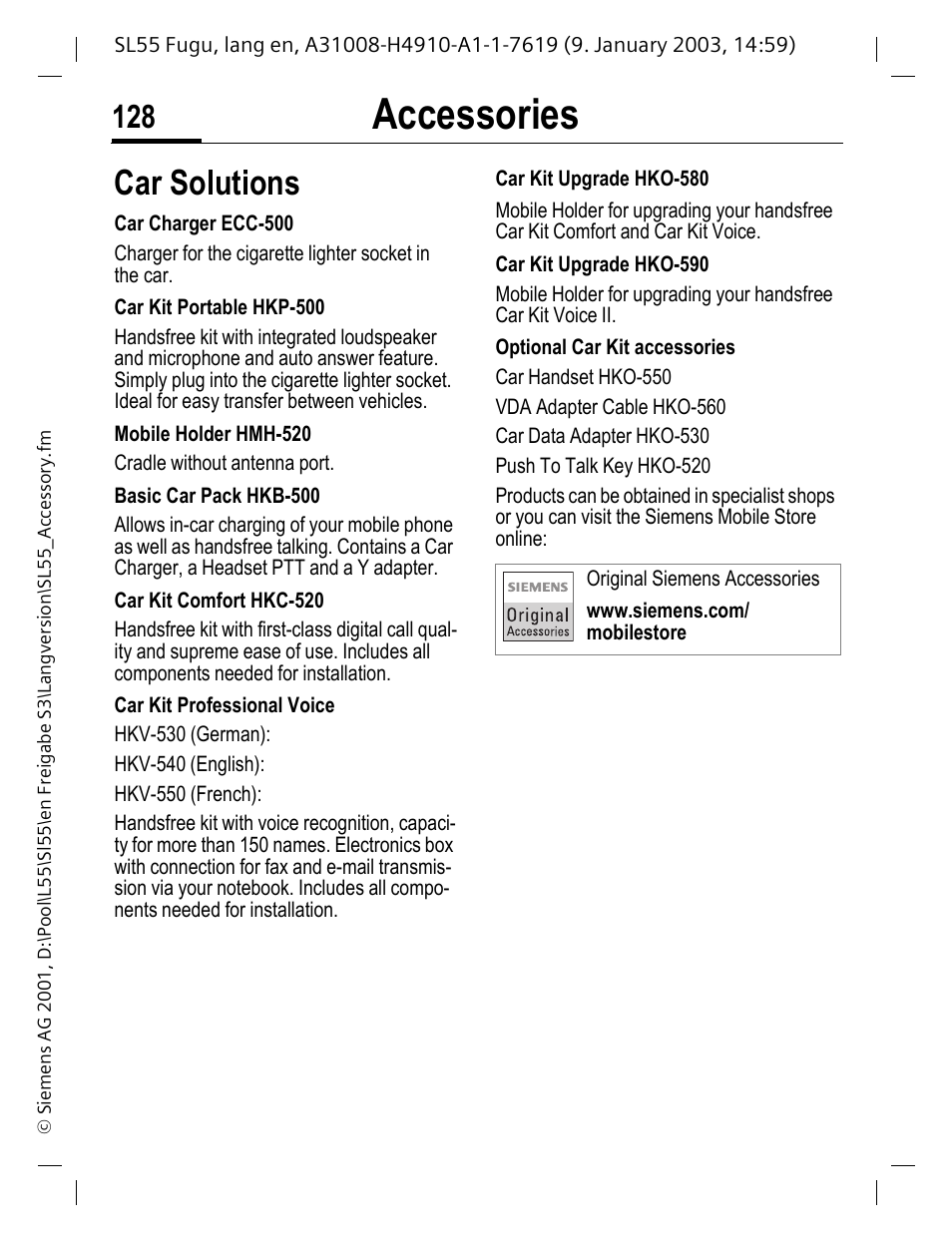 P. 128) the profile is activ, Accessories, Car solutions | Siemens SL55 User Manual | Page 129 / 137