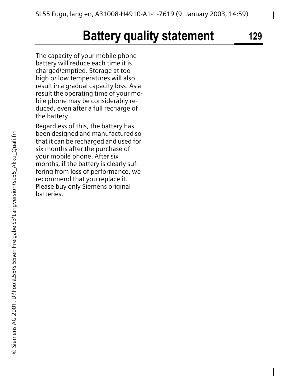 Battery quality statement | Siemens SL55 User Manual | Page 130 / 137