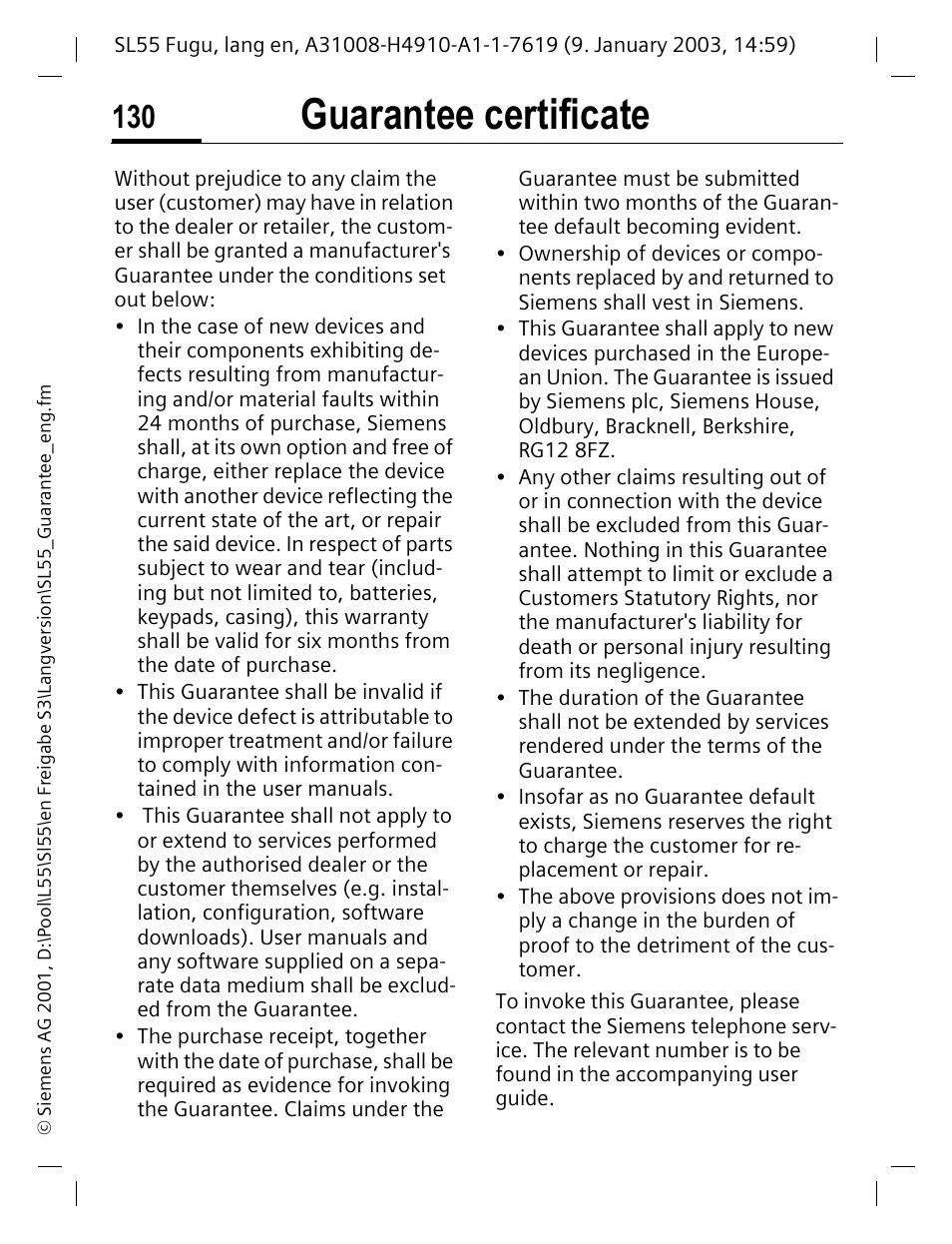 Guarantee certificate | Siemens SL55 User Manual | Page 131 / 137