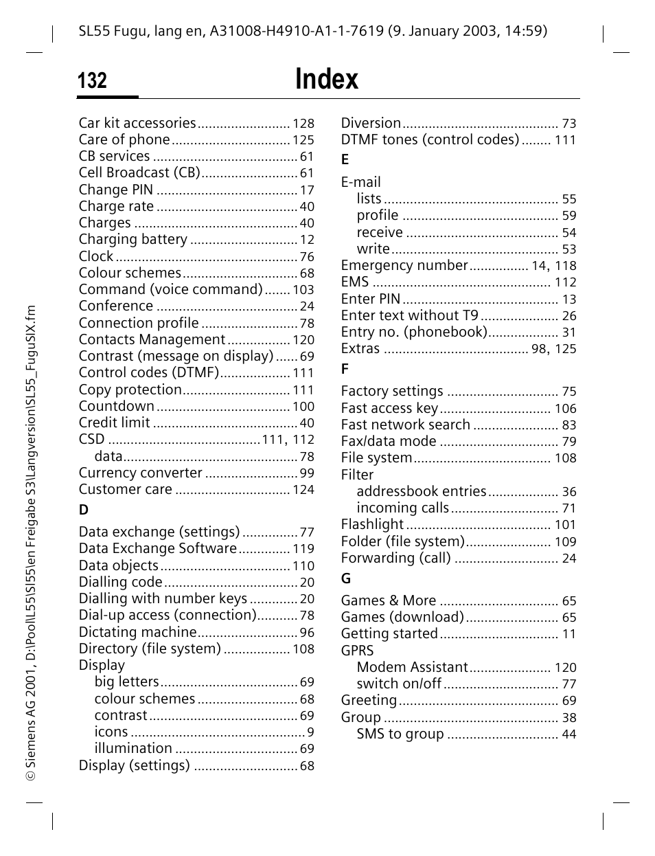 Index | Siemens SL55 User Manual | Page 133 / 137