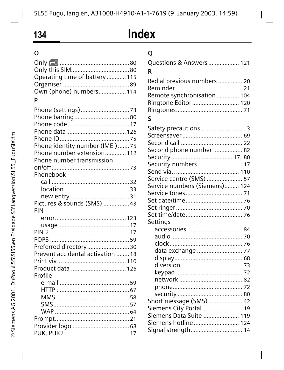 Index | Siemens SL55 User Manual | Page 135 / 137