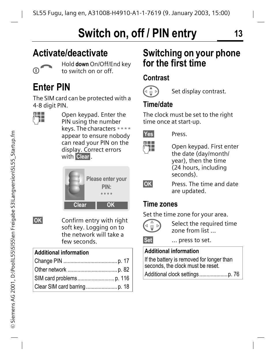 Switch on, off / pin entry, Switching on your phone for the first time, Contrast | Time/date, Time zones, Activate/deactivate, Enter pin | Siemens SL55 User Manual | Page 14 / 137