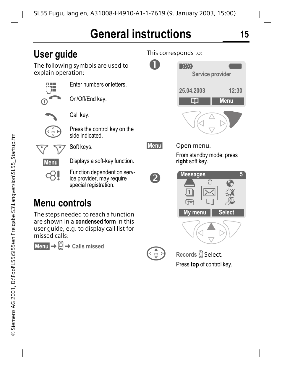 General instructions, User guide, Menu controls | Siemens SL55 User Manual | Page 16 / 137