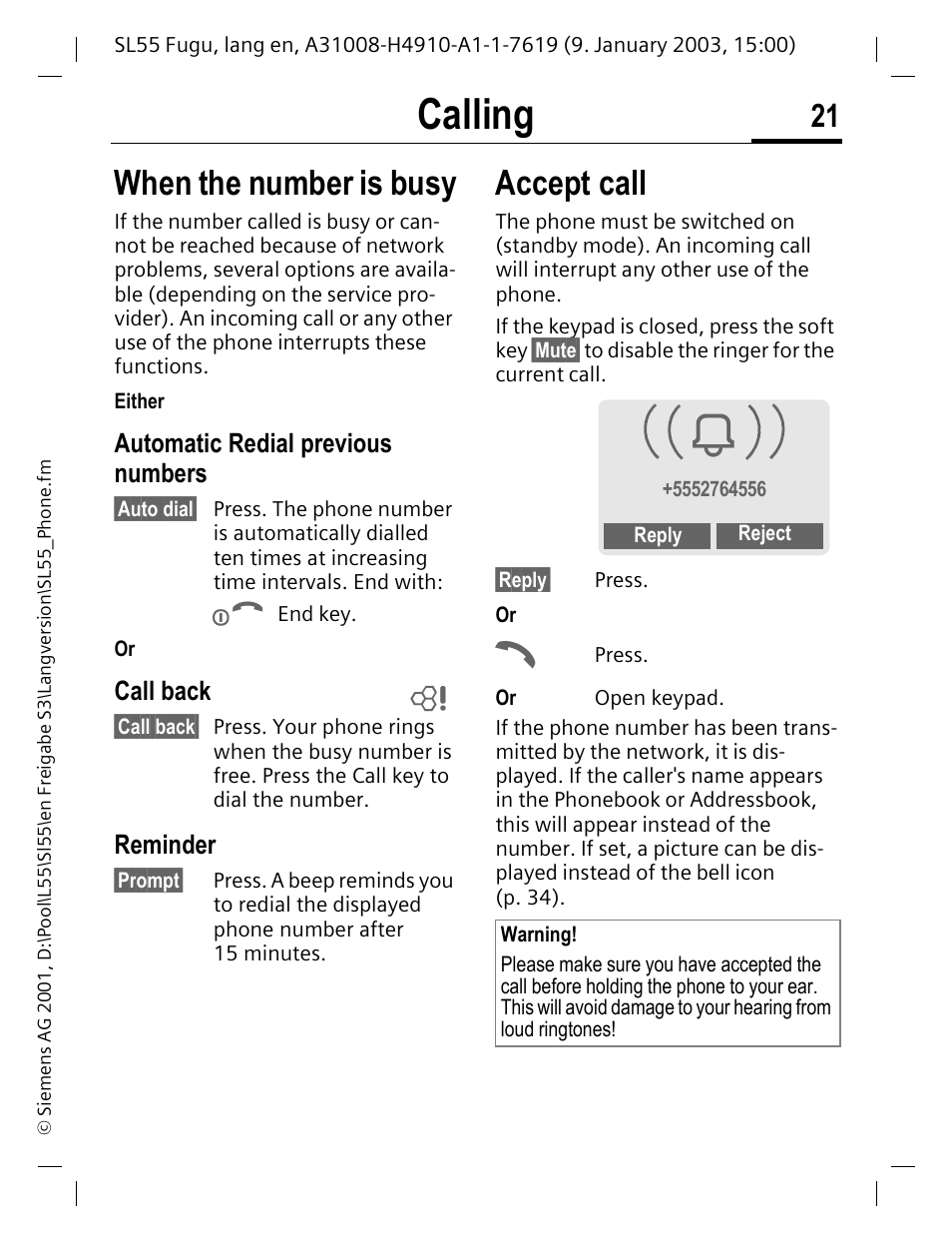 When the number is busy, Automatic redial previous numbers, Call back | Reminder, Accept call, When the number is busy accept call, Calling | Siemens SL55 User Manual | Page 22 / 137