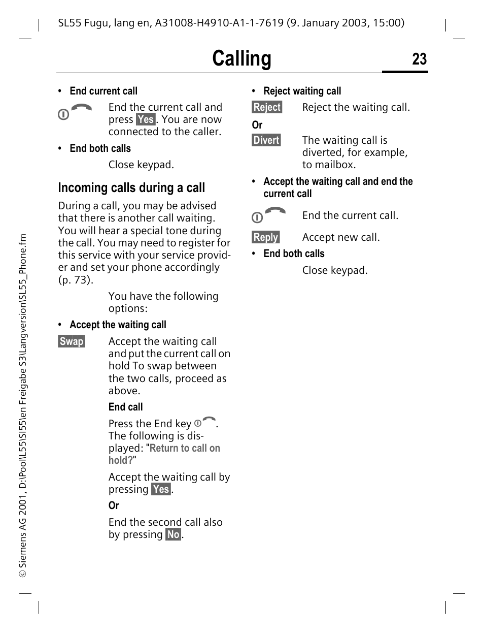 Incoming calls during a call, Calling | Siemens SL55 User Manual | Page 24 / 137
