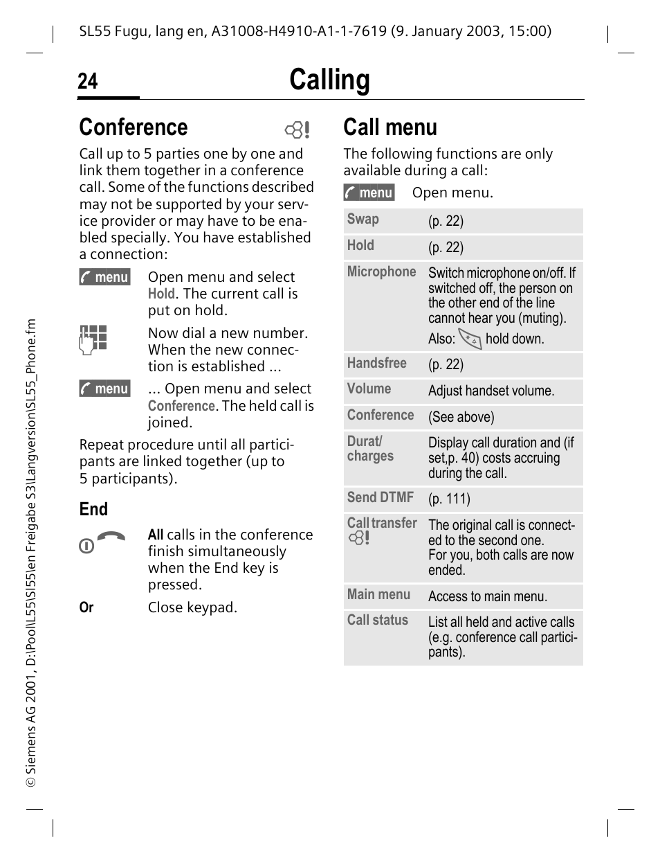 Conference, P. 24, Calling | Call menu | Siemens SL55 User Manual | Page 25 / 137