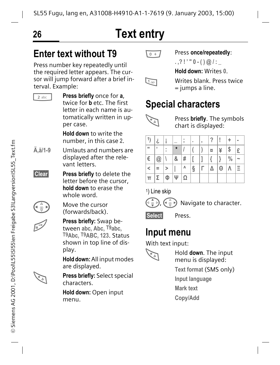 Text entry, Enter text without t9, Special characters | Input menu | Siemens SL55 User Manual | Page 27 / 137