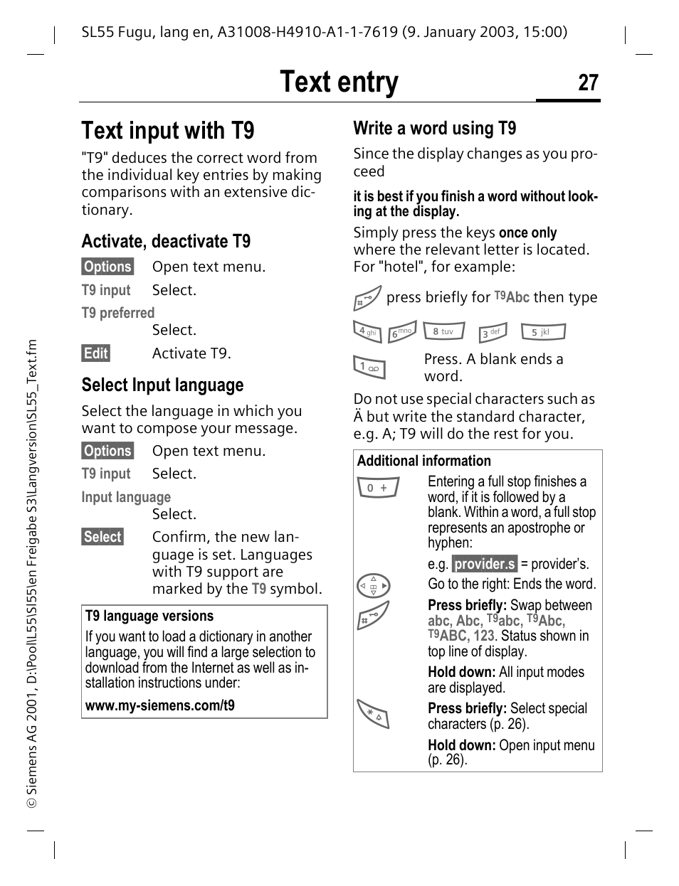 Activate, deactivate t9, Select input language, Write a word using t9 | Text entry, Text input with t9 | Siemens SL55 User Manual | Page 28 / 137