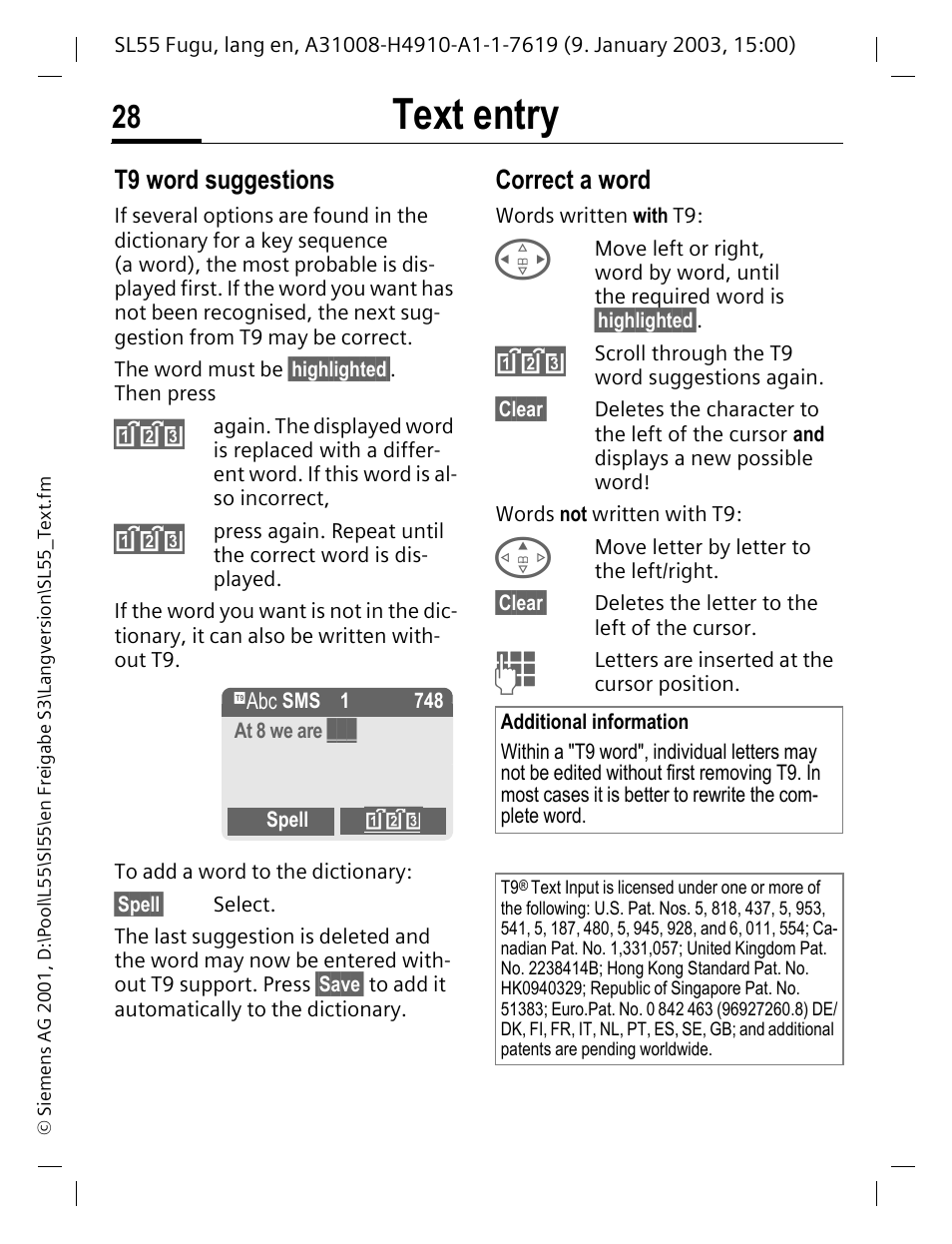 T9 word suggestions, Correct a word, Text entry | Siemens SL55 User Manual | Page 29 / 137