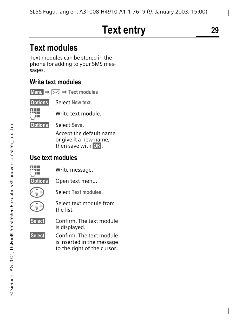 Text modules, Write text modules, Use text modules | Text entry | Siemens SL55 User Manual | Page 30 / 137