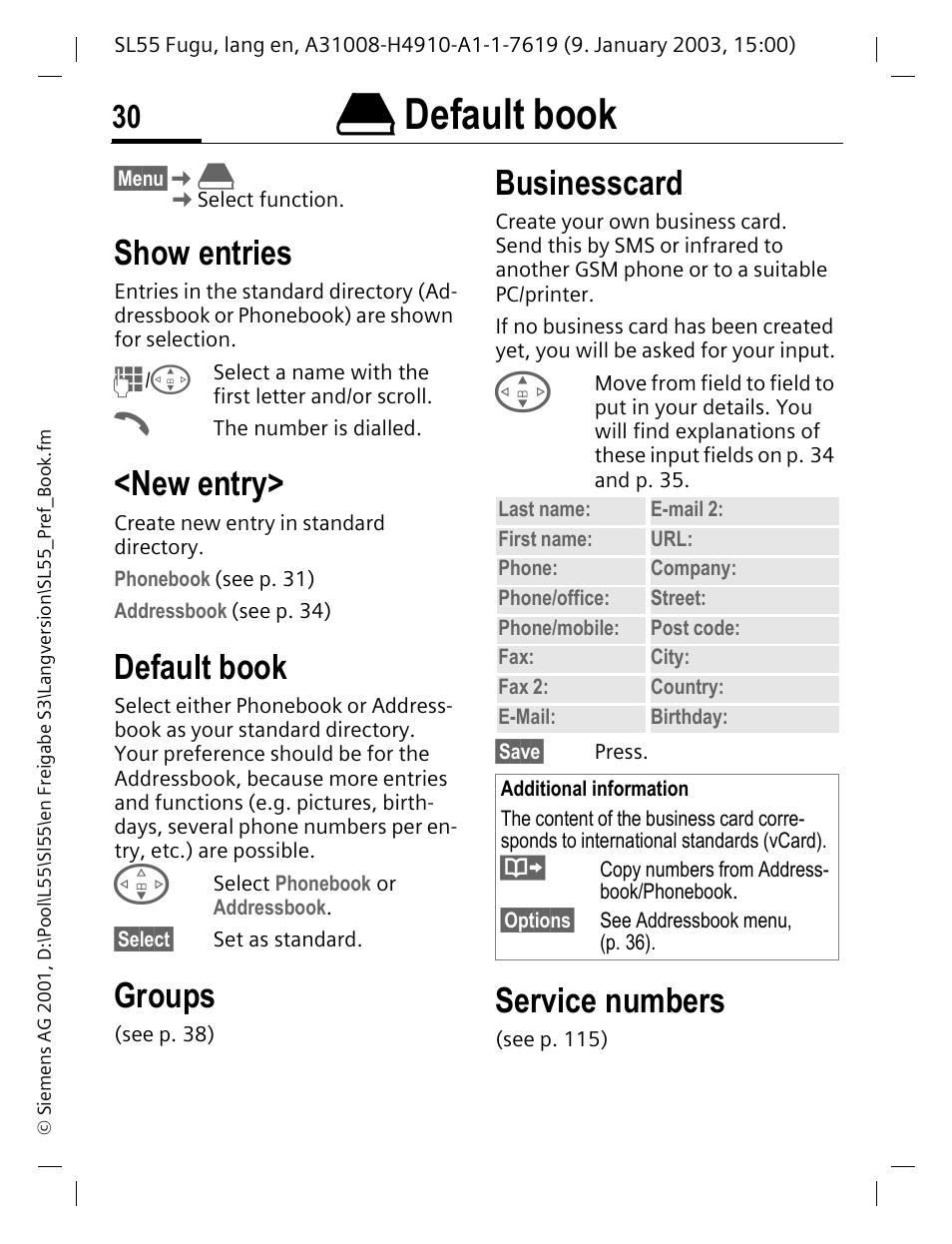 Default book, Me (p. 30), Èdefault book | Show entries, New entry, Groups, Businesscard, Service numbers | Siemens SL55 User Manual | Page 31 / 137