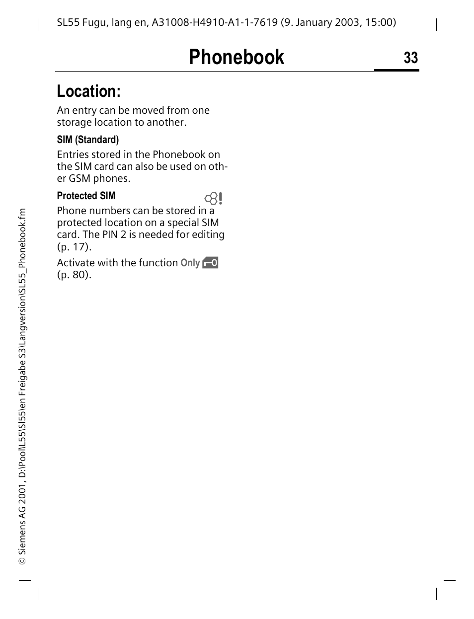 P. 33), Phonebook, Location | Siemens SL55 User Manual | Page 34 / 137