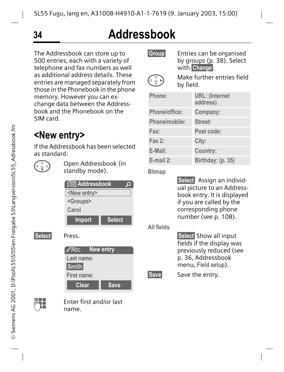 Addressbook, New entry, P. 34 | Book, See p. 34), Ds on p. 34 | Siemens SL55 User Manual | Page 35 / 137