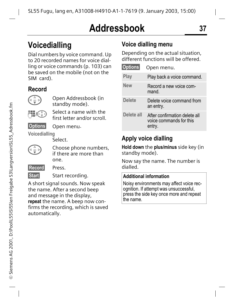 Voicedialling, Record, Voice dialling menu | Apply voice dialling, P. 37, P. 37), Ry (p. 37), Addressbook | Siemens SL55 User Manual | Page 38 / 137