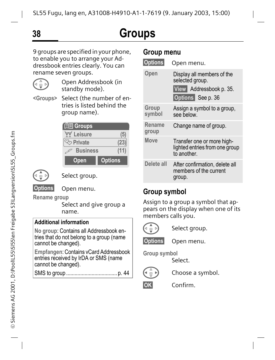 Groups, Group menu, Group symbol | See p. 38), P. 38). s, P. 38) | Siemens SL55 User Manual | Page 39 / 137