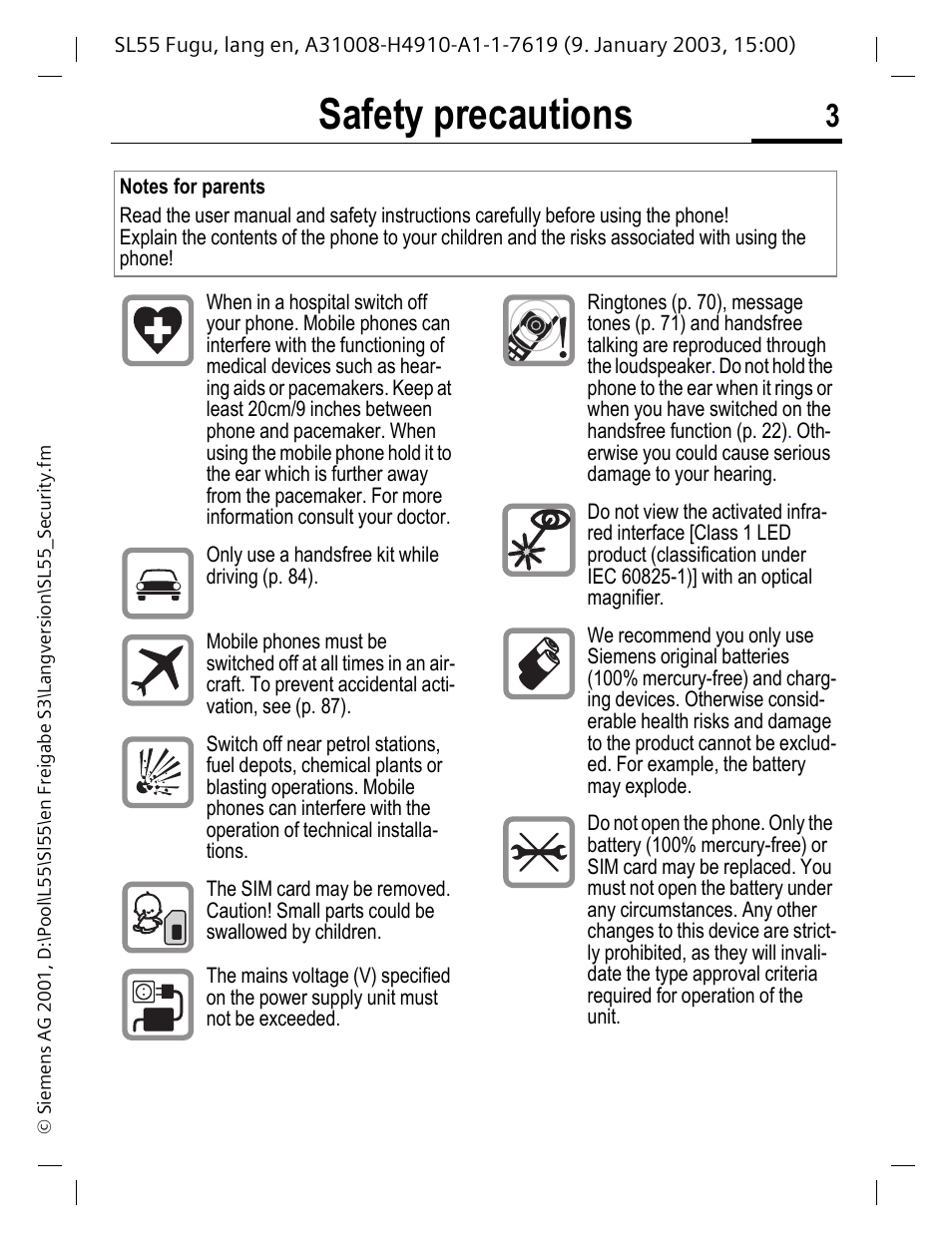 Safety precautions | Siemens SL55 User Manual | Page 4 / 137