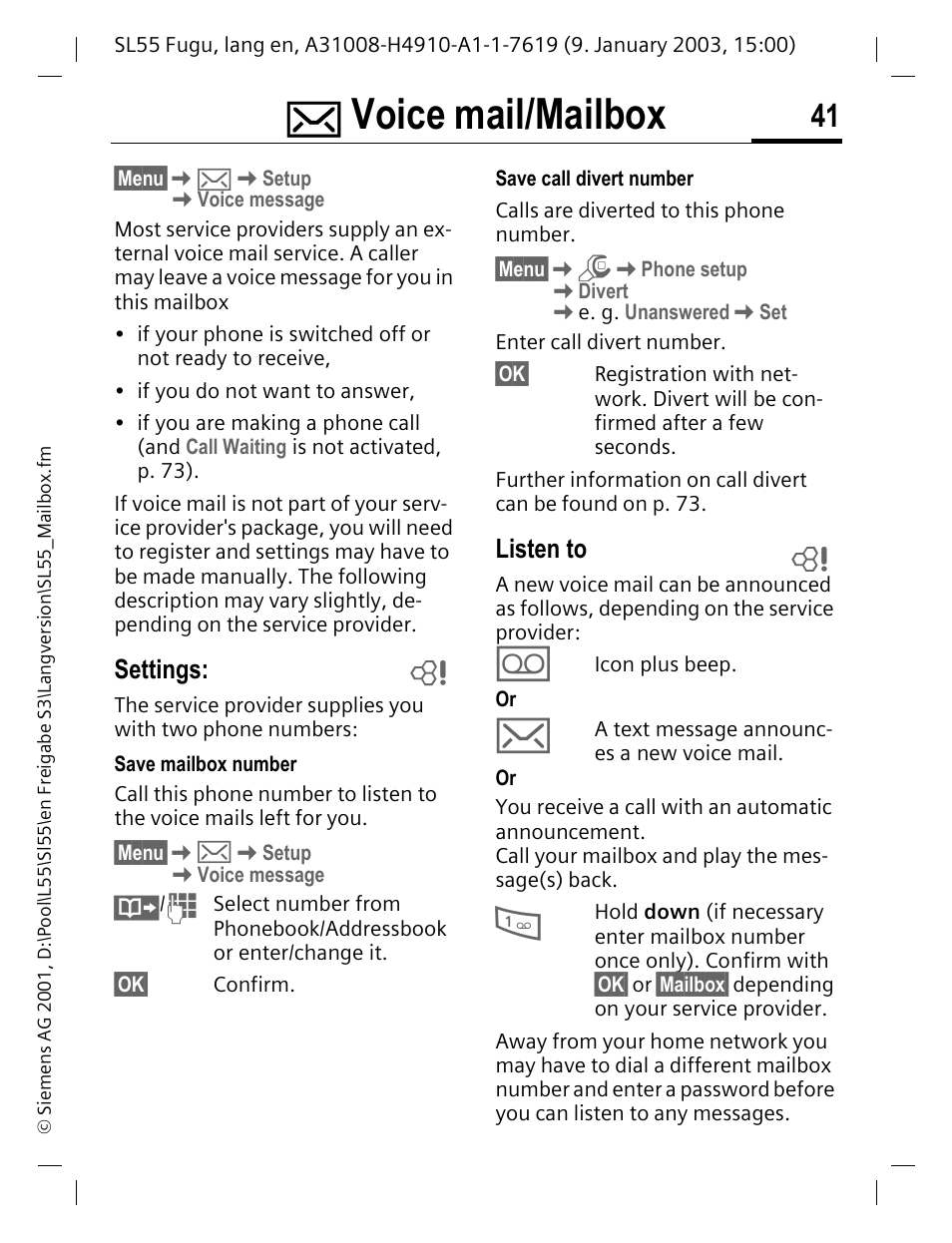 Voice mail/mailbox, Settings, Listen to | Siemens SL55 User Manual | Page 42 / 137