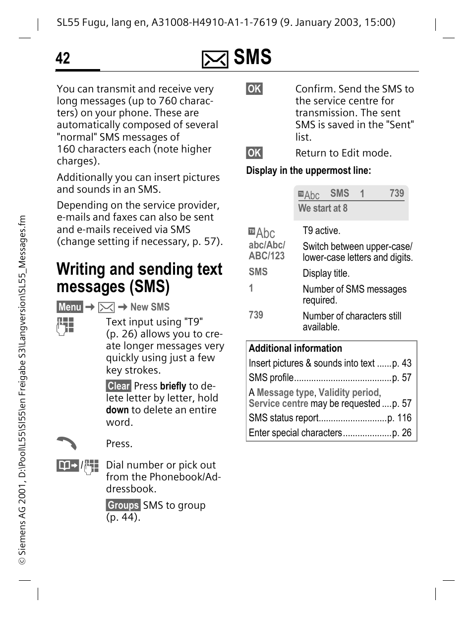Writing and sending text messages (sms), Writing and sending text messag- es (sms) | Siemens SL55 User Manual | Page 43 / 137