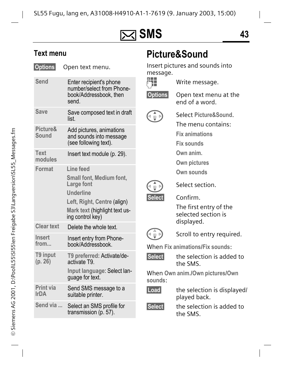 Text menu, Picture&sound, P. 43 | Siemens SL55 User Manual | Page 44 / 137
