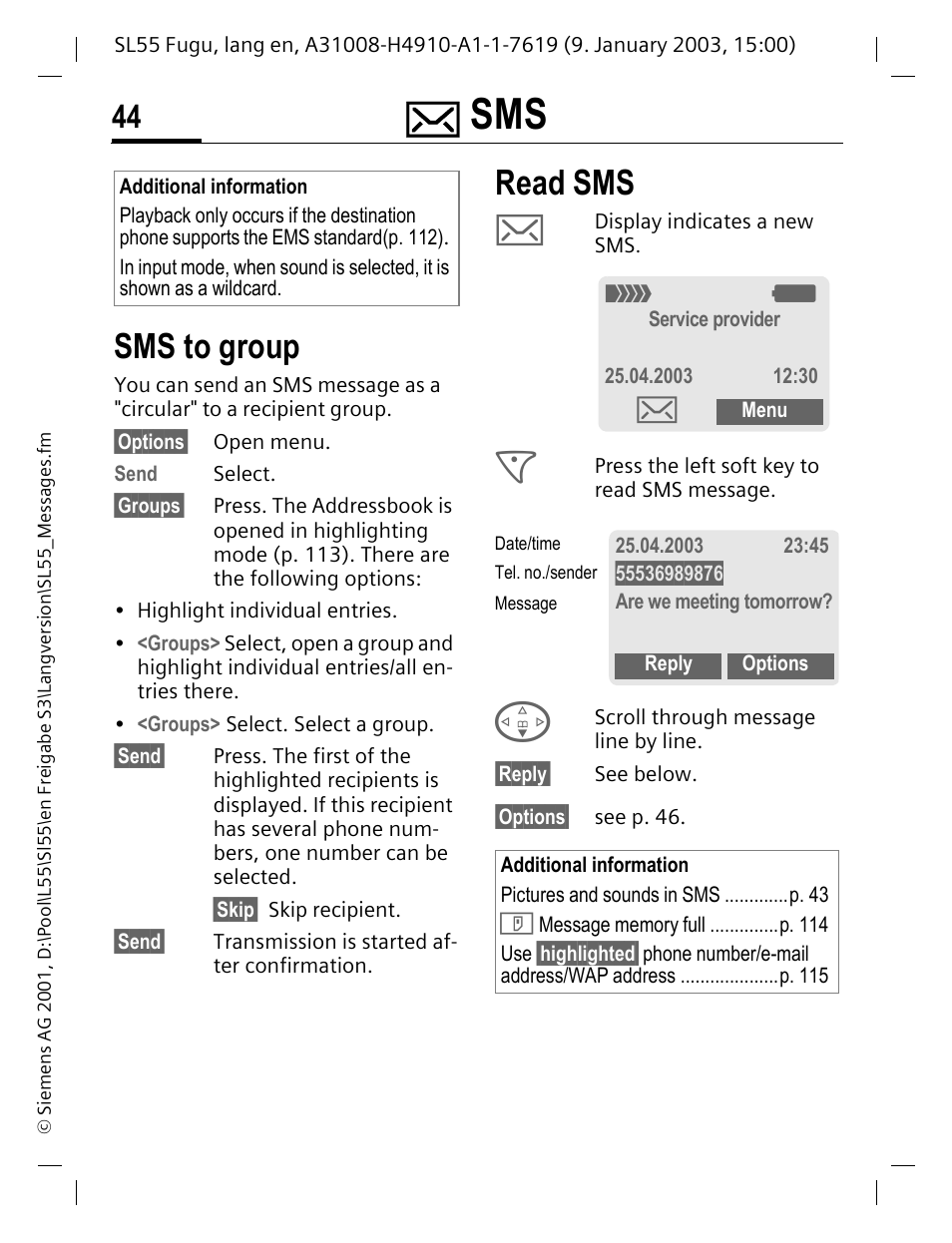 Sms to group, Read sms, P. 44) | Siemens SL55 User Manual | Page 45 / 137