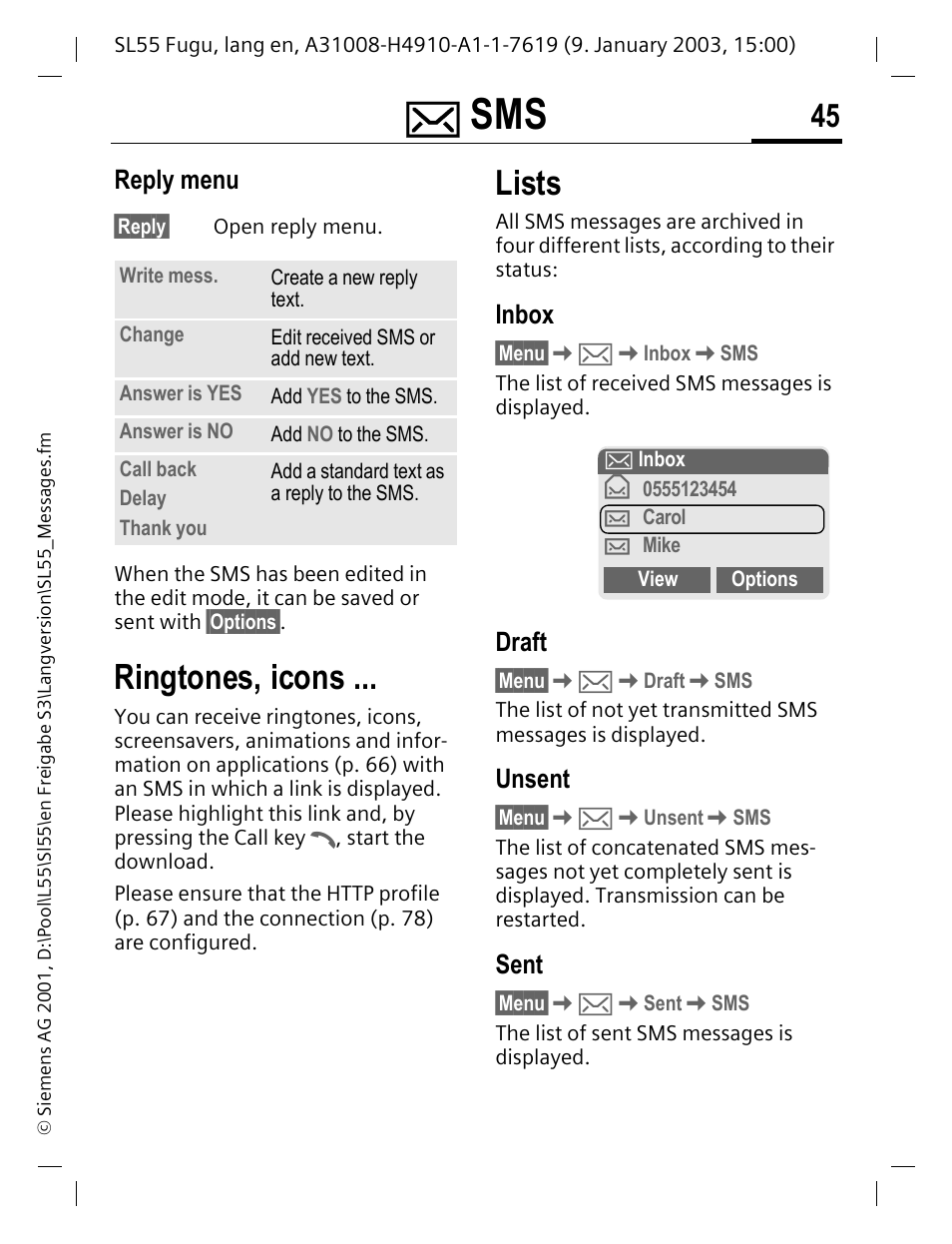 Reply menu, Ringtones, icons, Lists | Inbox, Draft, Unsent, Sent | Siemens SL55 User Manual | Page 46 / 137