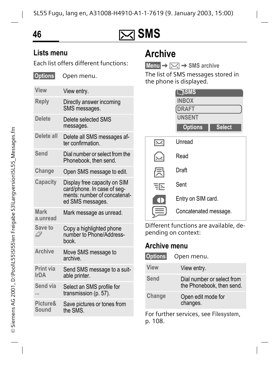 Lists menu, Archive, Archive menu | See p. 46 | Siemens SL55 User Manual | Page 47 / 137