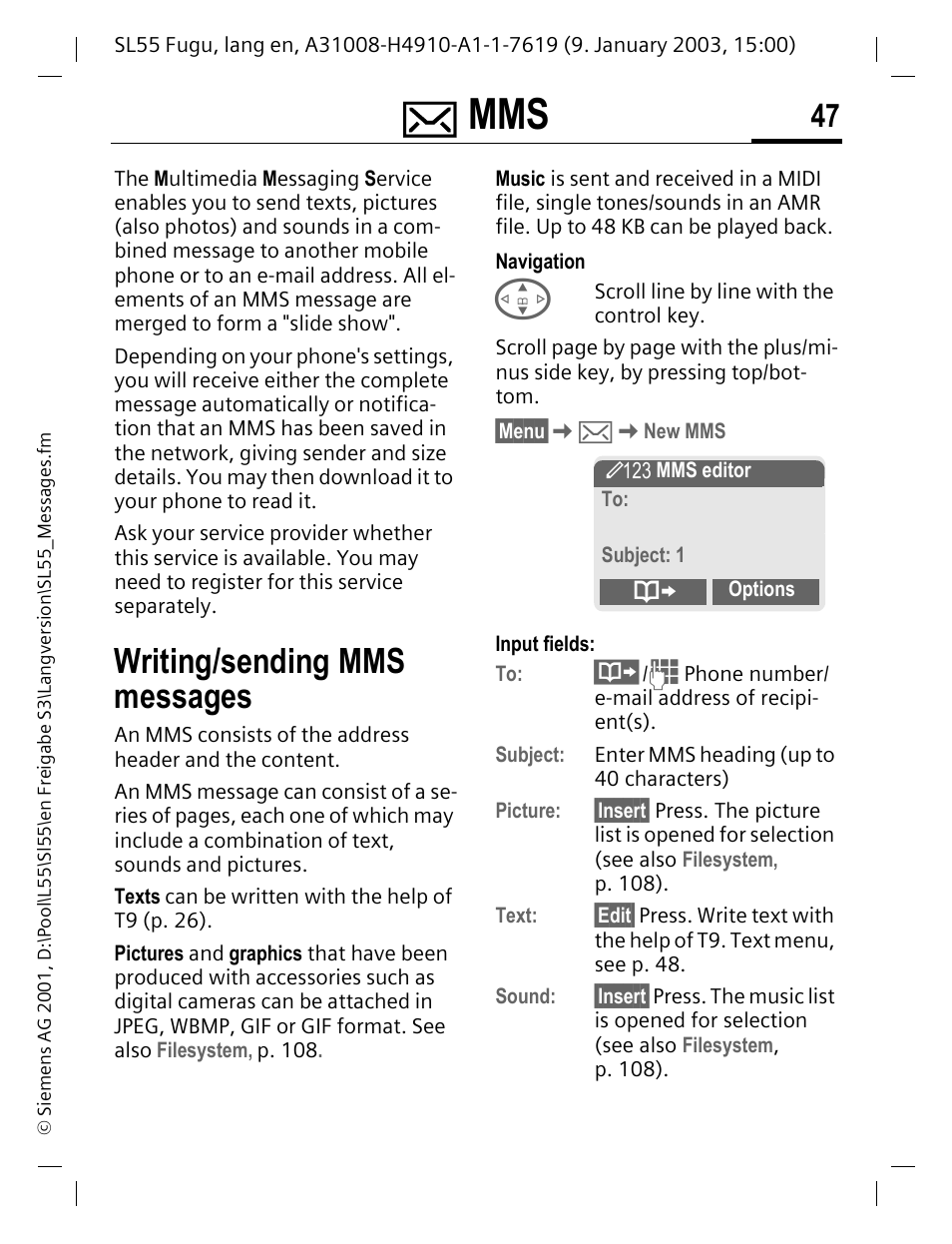 Writing/sending mms messages | Siemens SL55 User Manual | Page 48 / 137