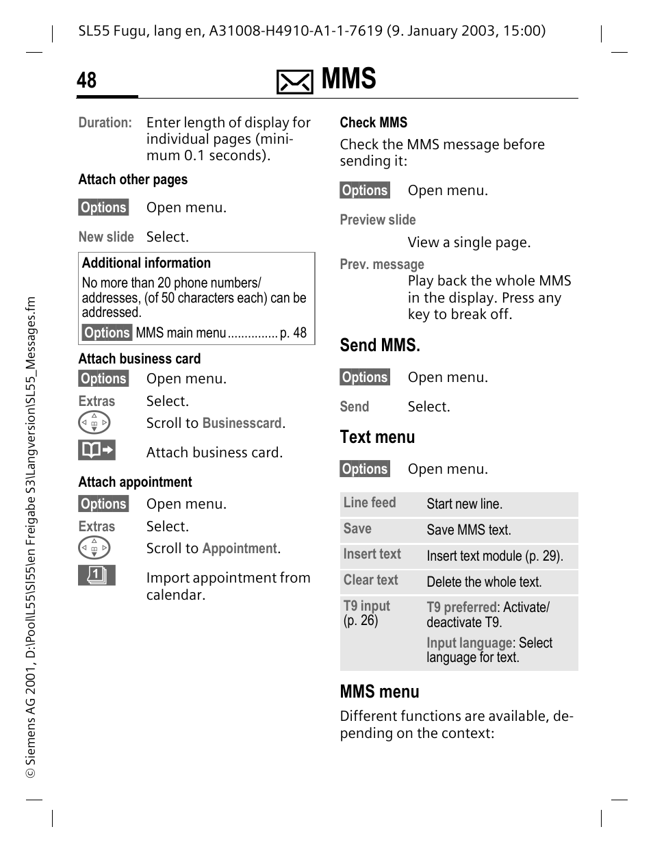 Send mms, Text menu, Mms menu | See p. 48 | Siemens SL55 User Manual | Page 49 / 137