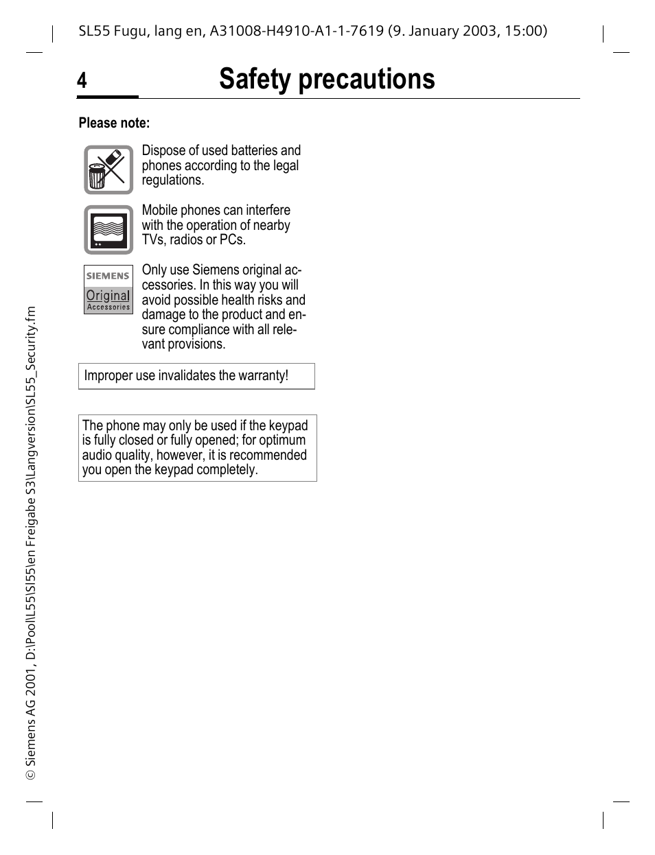 Safety precautions | Siemens SL55 User Manual | Page 5 / 137