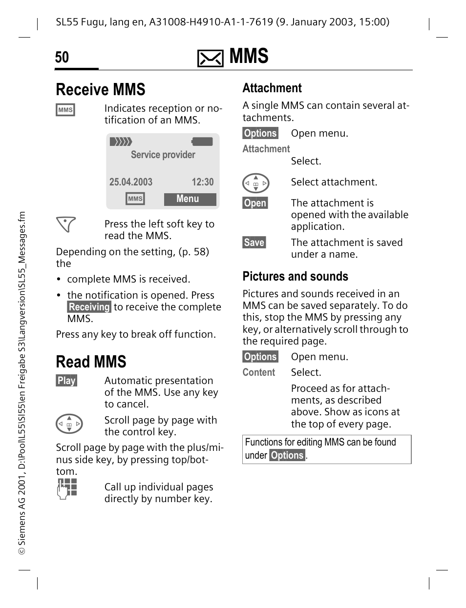 Receive mms, Read mms, Attachment | Pictures and sounds, Receive mms read mms | Siemens SL55 User Manual | Page 51 / 137