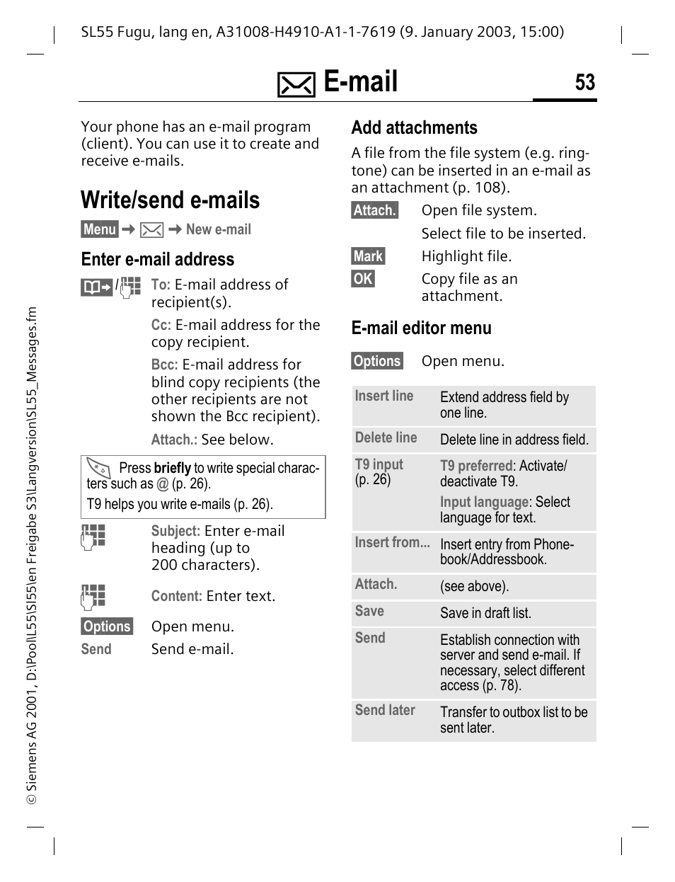 E-mail, Write/send e-mails, Enter e-mail address | Add attachments, E-mail editor menu, P. 53) | Siemens SL55 User Manual | Page 54 / 137