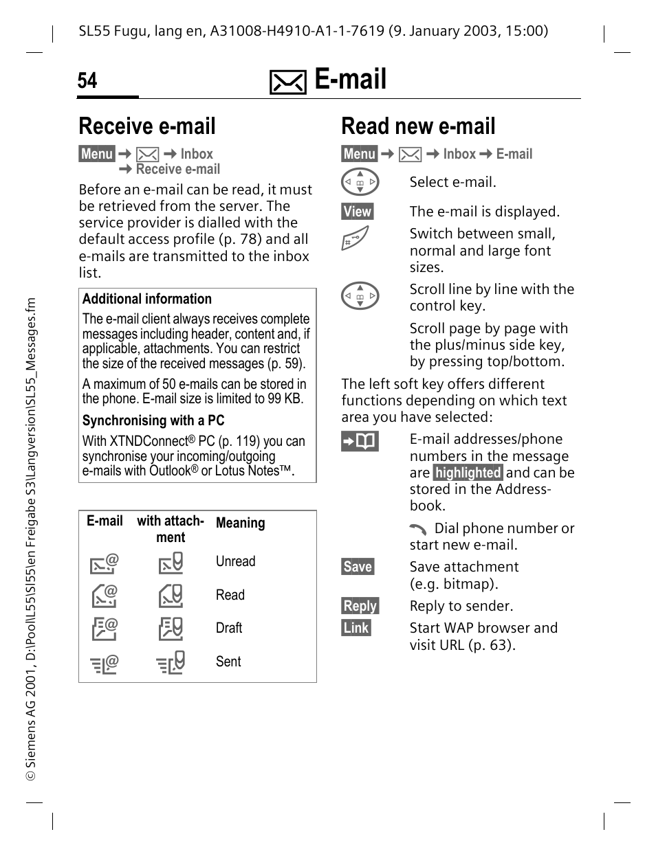 Receive e-mail, Read new e-mail, Receive e-mail read new e-mail | E-mail | Siemens SL55 User Manual | Page 55 / 137